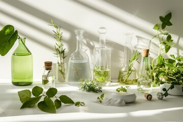 Herbal cosmetics, organic skin care products. Dermatologycal laboratory, ingredients on a white table