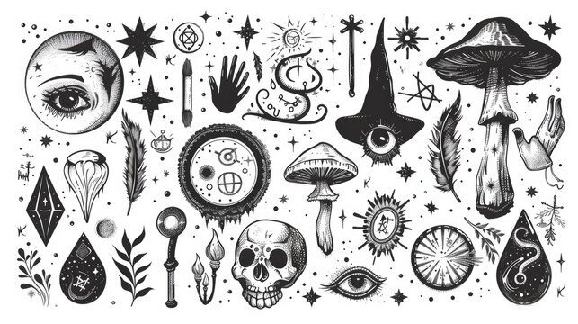 Esoteric Witchcraft. Hand-Drawn Doodles of Mystical Objects, Symbols, and Alchemy for Boho and Occult Themed Designs