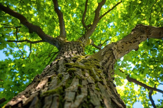 European Ash Tree: A low angle view of a majestic tree with green foliage and textured trunk, standing tall in a peaceful forest setting
