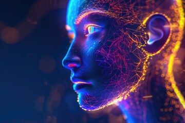 Naklejka premium Futuristic Humanoid Head with Blue and Yellow Eyes and Vibrant Neon Neural Network Concept for Future Technology and Artificial Intelligence
