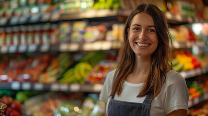 Fototapeta premium Smiling female seller in health food store