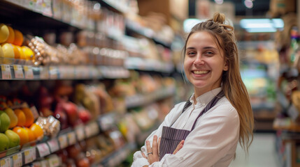 Fototapeta premium Smiling female seller in health food store