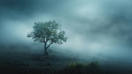 Fototapeta na wymiar Gloomy Landscape: An Isolated Tree Surrounded by a Mysterious, Foggy and Natural Setting