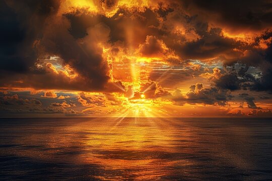 Gold Sunset Over the Dark Clouds. Abstract Background With Bright Colors and Sky Full of Rays of Light on Horizon
