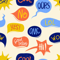 Seamless pattern with message words in speech bubbles, various shapes, bright colors, hand drawn fonts. Added texture, Abstract modern vector illustration.