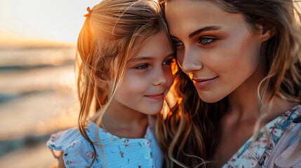 Fototapeta premium Mother and Daughter Sharing a Tender Moment at Sunset Beach