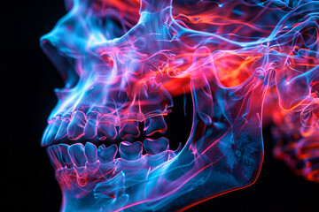 Vibrant Neon X-Ray of a Human Skull with Flowing Energy Lines