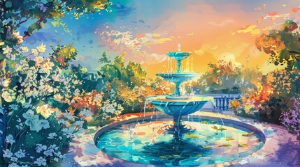 a romantic colorful garden with a fountain pond, blue sky, beautiful sundown