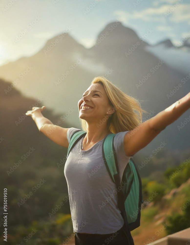 Wall mural  Radiant, carefree blonde woman, joyful expression, arms outstretched, breathing life, positivity, vitality, confidence 