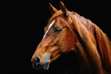 Fototapeta premium Horse Portrait. Beautiful Arabian Horse Headshot Isolated on a Black Background. Stunning Equestrian Animal Photography