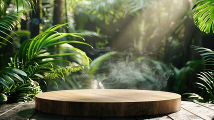 wooden podium in tropical forest for product presentation and green background