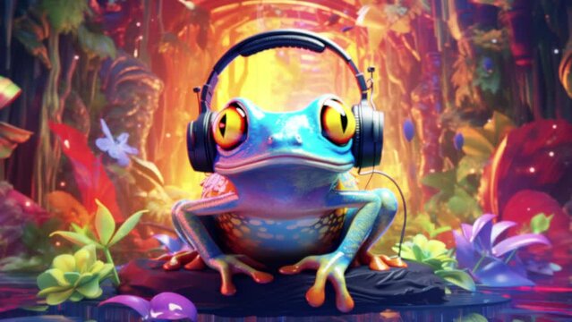 tree frog wearing headphnes looking at camera made with generative AI