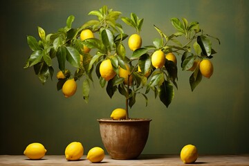 Fruit-bearing Potted lemon tree. Agriculture plant. Generate Ai