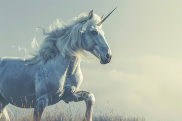 Obraz na płótnie Canvas A magical unicorn, mane shimmering, rears up. Its horn points toward the sky, granting wishes