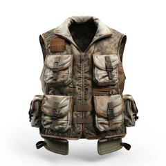 Isolated Fishing Vest on White Background - 3D Illustration of Hunting and Fishing Equipment and Clothes