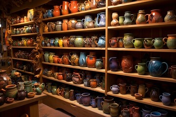 Artistic Pottery vases art shelves. Old pot. Generate Ai - obrazy, fototapety, plakaty