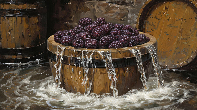 a painting of grapes spilling out of a barrel into a body of water with a barrel of water in the background.