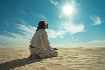 Fototapeta na wymiar Jesus Praying on Knees in Desert against Blue Sky Background. Caucasian Adult Man Praying Outdoors under Sunny Sunshine