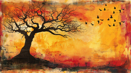 a painting of a tree with birds flying in the sky in front of an orange, yellow and red background.