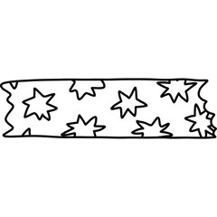 Cute doodle washi tape stripe with hand drawn star pattern. Adhesive tape with black and white ornament. Aesthetic decorative scotch tape with ragged edges for scrapbook, planner, notebook, craft.