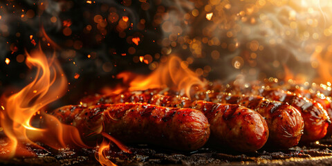 Grilled sausages cooking on a barbecue grill with flames and smoke in the background