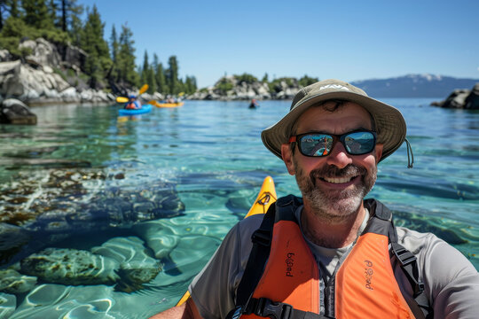 A man smiling and kayaking on a clear lake - Powered by Adobe