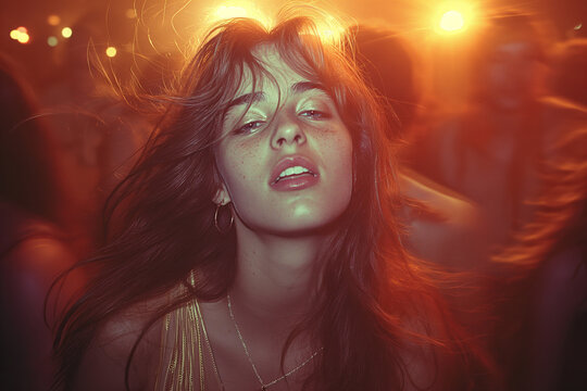 young drunk teen girl dancing on dance floor in a nightclub. Vintage retro color film photo
