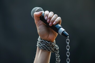 A hand is holding a microphone with a chain around its wrist. Concept of confinement and oppression.
