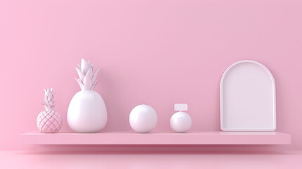 a shelf with a mirror, vases, and other items on it in a pink room with a pink wall.