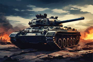 An illustration of an Army tank in combat. A scene from a battleground including a military machine tank. A combat tank. Battle-tank. army tank in the military. Armament Car. War machine. Tank. 
