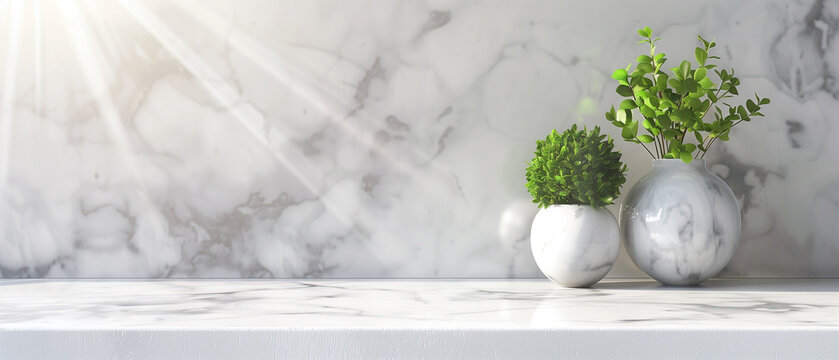 Vases and plants isolated on white marble table and white background with lense flare and copy space, apartment or kitchen interior design