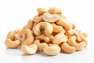 Cashew nuts on a white isolated background.