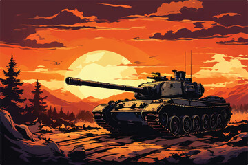 Illustration of a Army tank on battlefield. A Battlefield Landscape with war machine tank. Illustration of a military tank. Combat vehicle. Military army tank. Military Vehicle. - obrazy, fototapety, plakaty