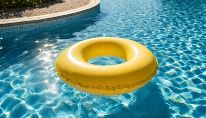 Fototapeta na wymiar yellow swimming pool ring float in blue water. concept color summer. top view 