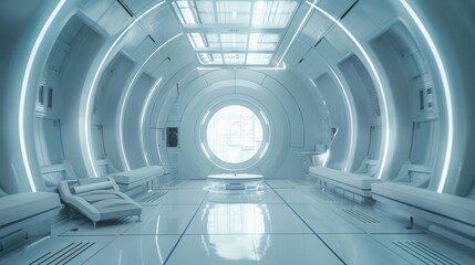 White futuristic tunnel leading to light. Wide angle. Modern style abstract 3d rendered background.
