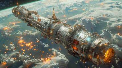 Futuristic space station orbiting earth with advanced design orbits above earth among fiery asteroids