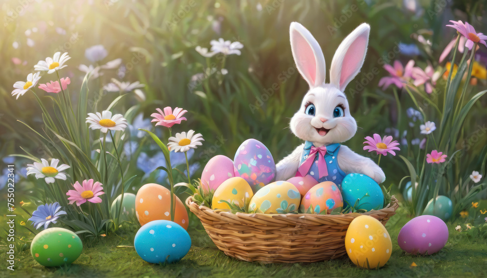 Wall mural Easter scene with rabbit and colorful eggs. Small rabbit in yellow flower pot. Depicting rabbit in festive spring scene. - Wall murals