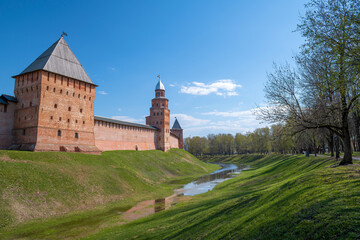 Fototapeta premium Sunny April day at the ancient Detinets (Kremlin) of Veliky Novgorod. Russia