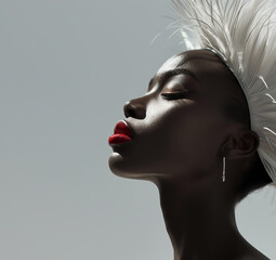 a beautiful black woman with a feather headdress and red lips