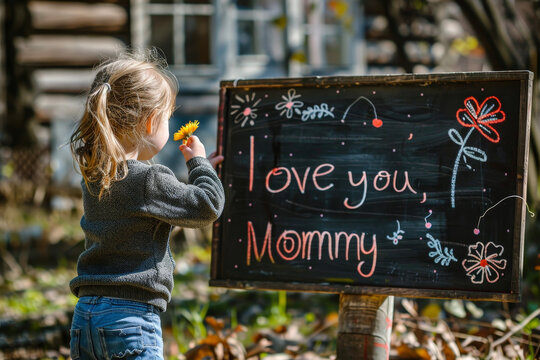 A message written on a chalkboard with a chalk that says "I love you, Mommy" and a child holding a flower