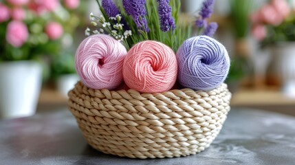Fototapeta na wymiar three skeins of yarn sit in a woven basket on a table next to a vase with purple and pink flowers.