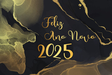 cartão ou banner para desejar um feliz ano novo 2025 em ouro sobre fundo preto com galhos dourados - obrazy, fototapety, plakaty