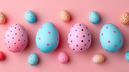 a group of painted eggs sitting on top of a pink surface with polka dot dots on the top of them.