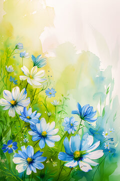 This image with delicate flowers reminds of the arrival of spring and the revival of all nature after winter.. Pastel colors, blue shades. Vertical image. Watercolour