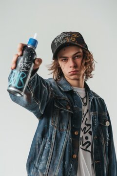 Young stylish moody graffiti artist with a spray can on a white background