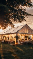 Wedding tent for celebrating a wedding in the summer outdoors, a festive indoor tent decorated with flowers in the evening light