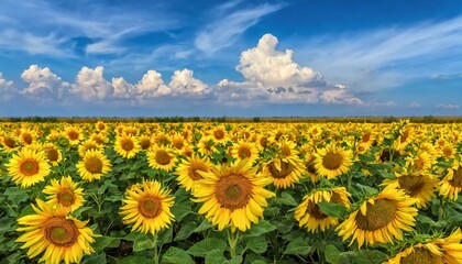 Sunflower field over cloudy blue sky. Summer landscape with sunflowers 