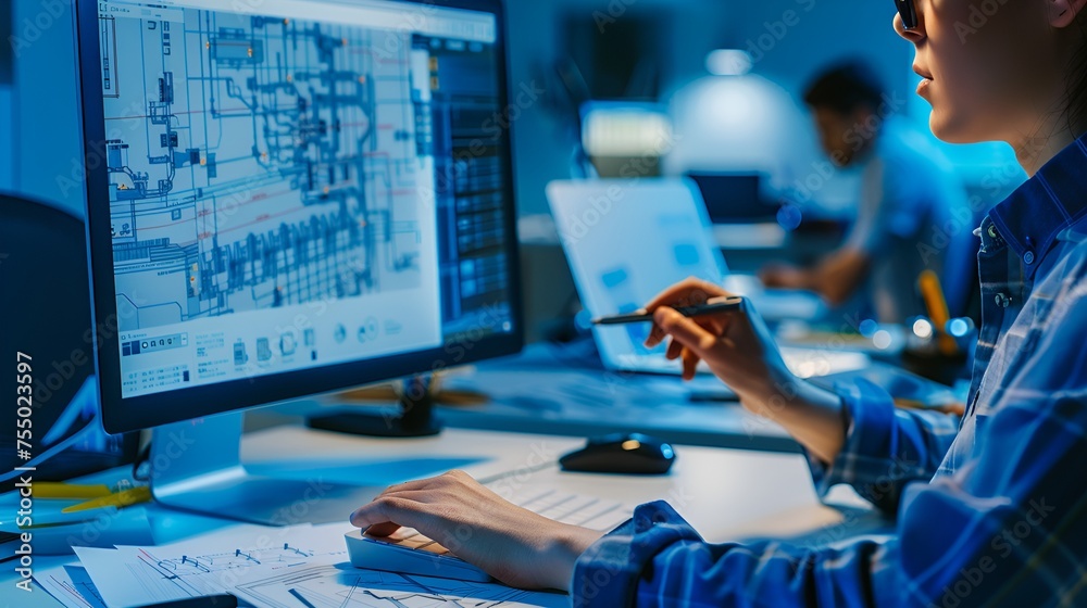 Wall mural a female engineer working with cad software on a computer in a factory