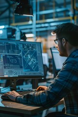 A focused male engineer is working with CAD software on the computer