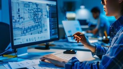 A female engineer working with CAD software on a computer in a factory